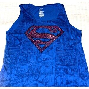 Superman Beaded Logo Women's XL Tank Top Blue / Red Rhinestones